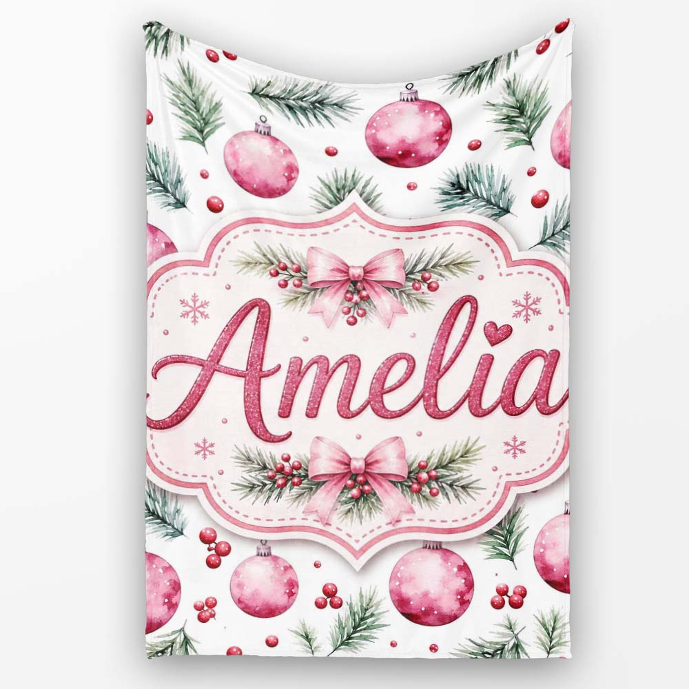 Watercolor Pink Baubles Pine Branches Berry Christmas Seamless Personalised Custom Name Super Soft Fleece Blanket Bed Sofa Throw