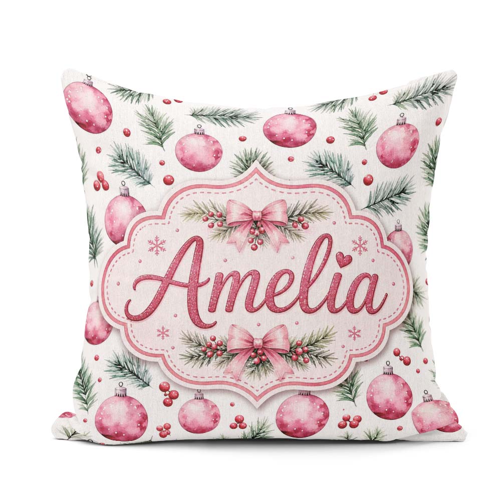 Custom Name Watercolor Pink Baubles Pine Branches Berry Seamless Square Filled Cushion Throw Pillow Sofa Bed Home Decor Zip Washable UK Made
