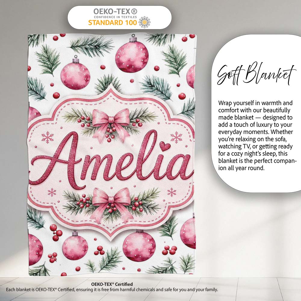 Watercolor Pink Baubles Pine Branches Berry Christmas Seamless Personalised Custom Name Super Soft Fleece Blanket Bed Sofa Throw