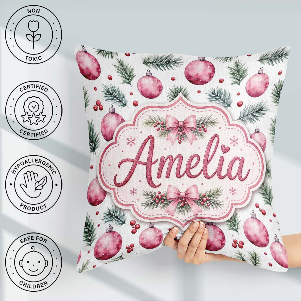 Custom Name Watercolor Pink Baubles Pine Branches Berry Seamless Square Filled Cushion Throw Pillow Sofa Bed Home Decor Zip Washable UK Made