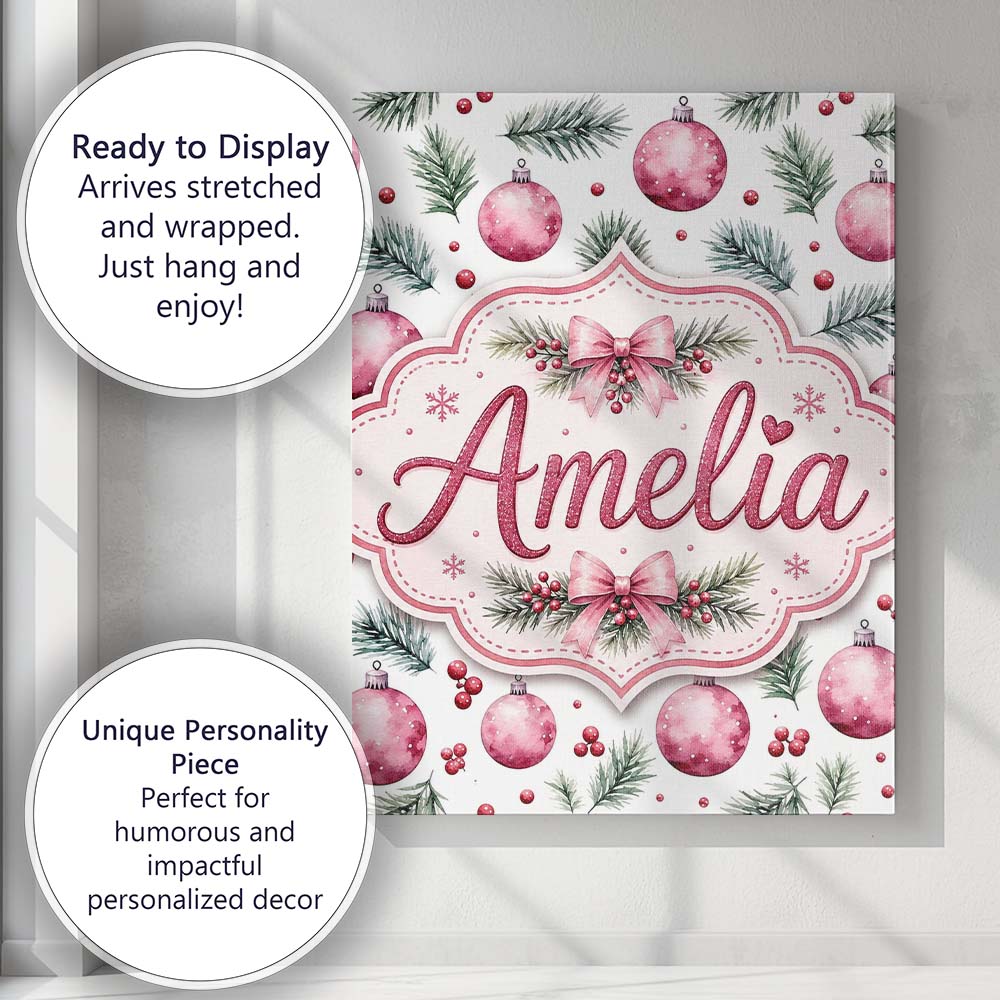 Personalised Name Watercolor Pink Baubles Custom Unique Gift Idea Elegant Feature Canvas Wall Art Print Decor Picture Ready to Hang