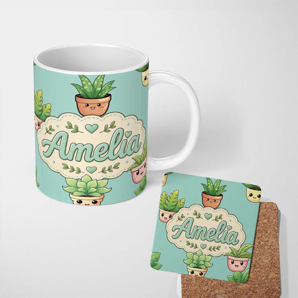 Personalized Custom Name Cute Kawaii Smiling Plant Pots Leaves Seamless Pattern Mint Lovely 11oz Ceramic Coffee Tea Mug White Large Handle