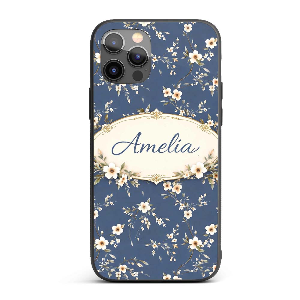 Elegant Navy Floral Vine Delicate Printed Design Custom Name Protective Phone Case Mobile Cover Durable Everyday Smartphone Shock Resistant