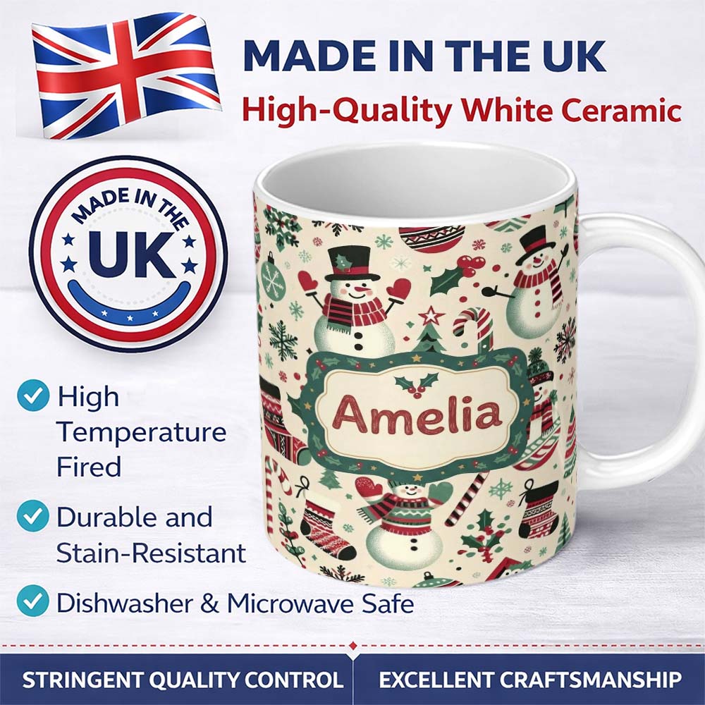 Personalized Custom Name Cute Snowman Candy Cane Christmas Tree Festive Seamless Pattern 11oz Ceramic Coffee Tea Mug White Large Handle