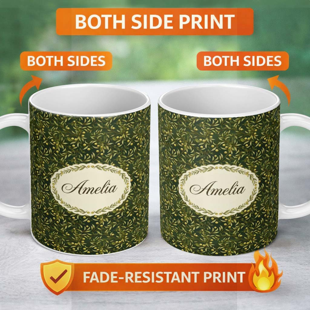 Personalized Custom Name Elegant Olive Branch Leaves Botanical Seamless Pattern Lovely 11oz Ceramic Coffee Tea Mug White Large Handle