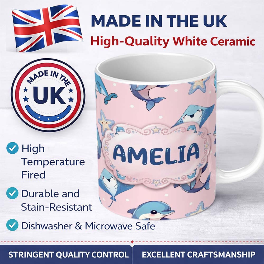 Personalized Custom Name Cute Dolphin Stingray Starfish Cartoon Sea Life Pattern Pink Lovely 11oz Ceramic Coffee Tea Mug White Large Handle