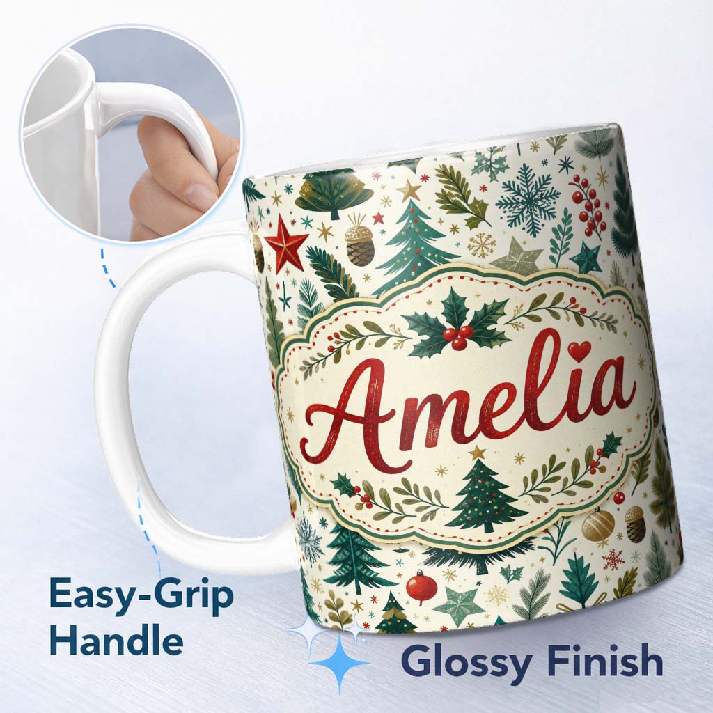 Personalized Custom Name Scandinavian Christmas Tree Holly Berry Winter Seamless Pattern 11oz Ceramic Coffee Tea Mug White Large Handle