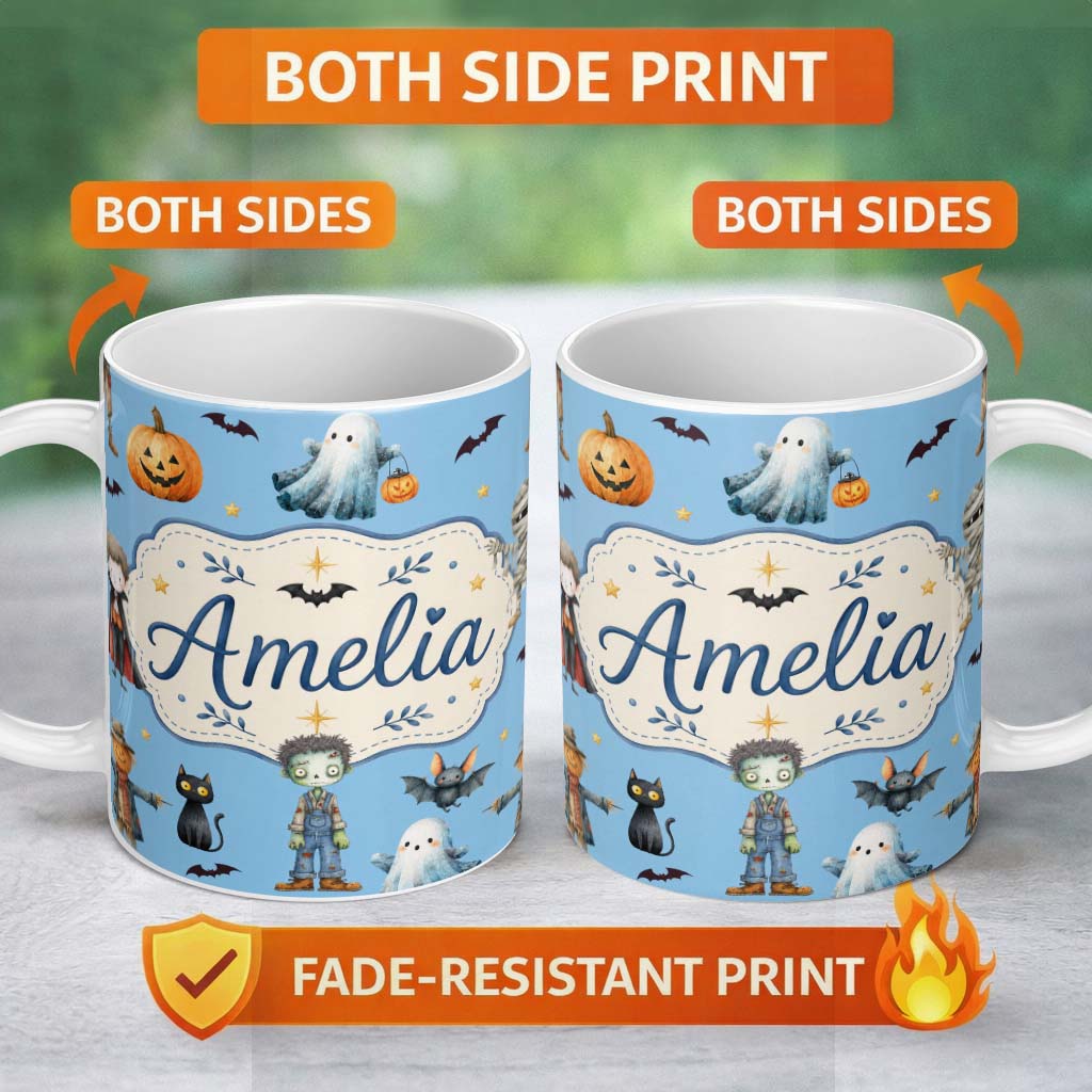 Personalized Custom Name Halloween Zombie Mummy Vampire Bat Spooky Sky Blue Seamless Pattern 11oz Ceramic Coffee Tea Mug White Large Handle