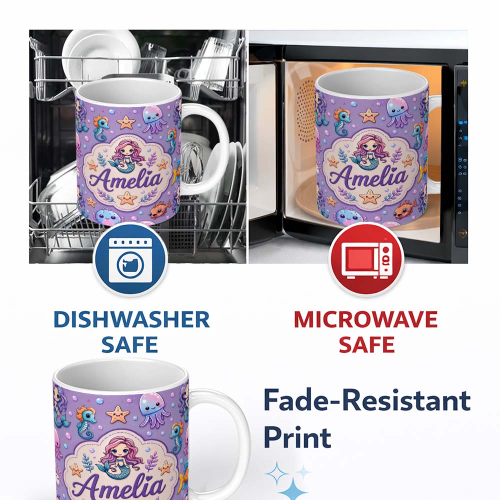 Personalized Custom Name Cute Cartoon Mermaid with Sea Creatures on Purple Background Playful 11oz Ceramic Coffee Tea Mug White Large Handle