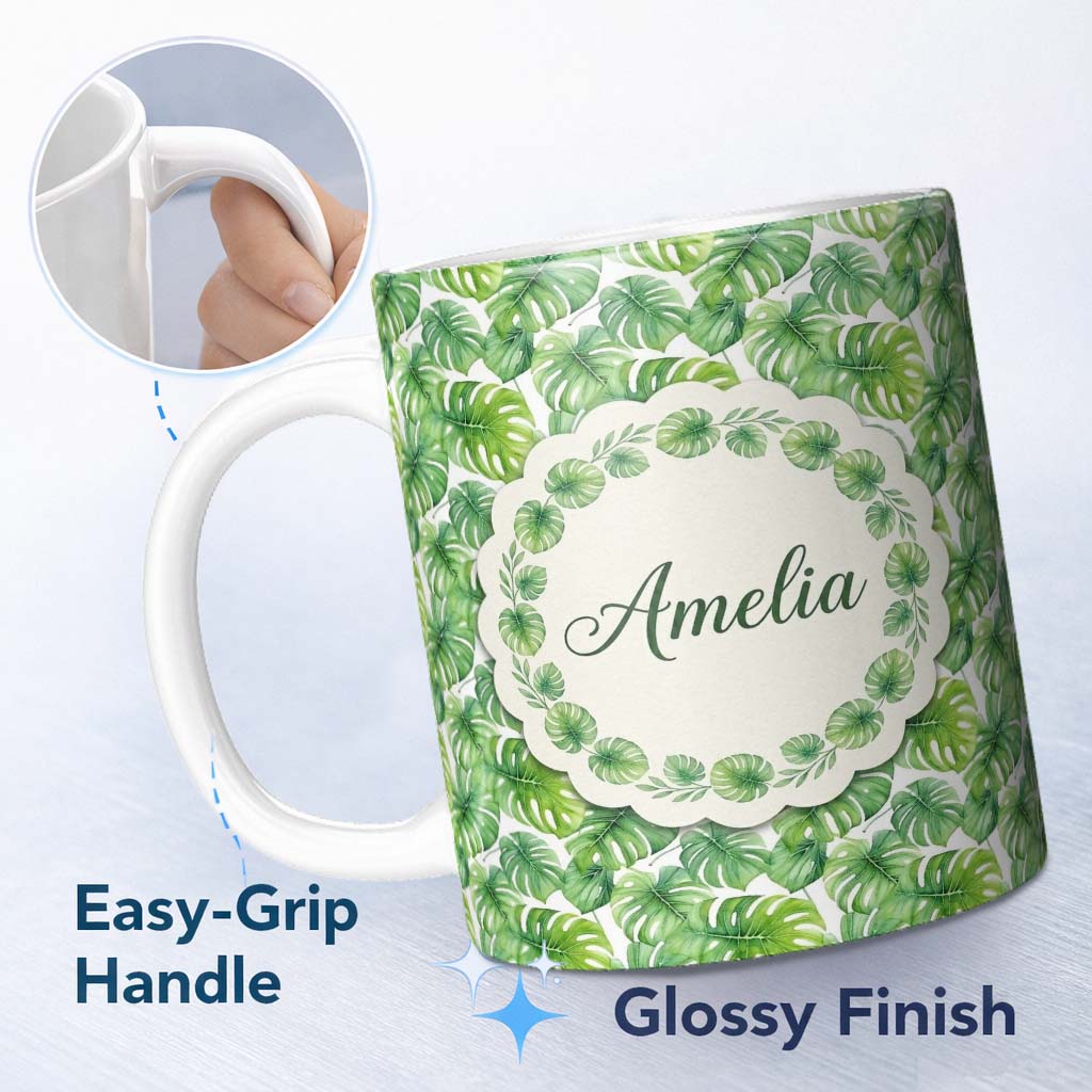 Personalized Custom Name Green Tropical Monstera Leaves on White Background Seamless Pattern 11oz Ceramic Coffee Tea Mug White Large Handle