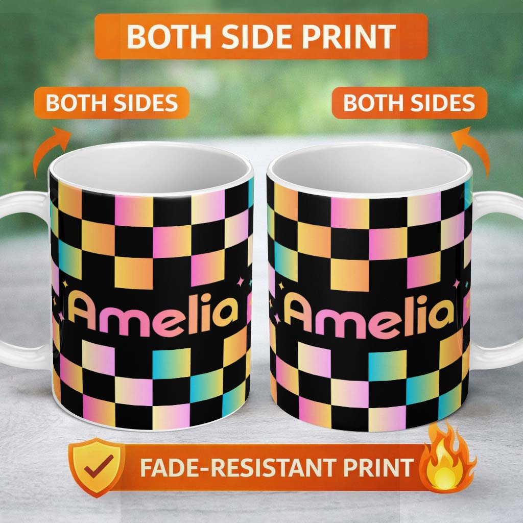 Personalized Custom Name Abstract Gradient Checkerboard Modern Seamless Pattern Lovely 11oz Ceramic Coffee Tea Mug White Large Handle
