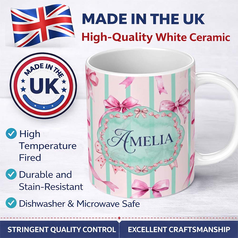 Personalized Custom Name Watercolor Pink Ribbon Bow Seamless Pattern with Mint Green Stripes 11oz Ceramic Coffee Tea Mug White Large Handle