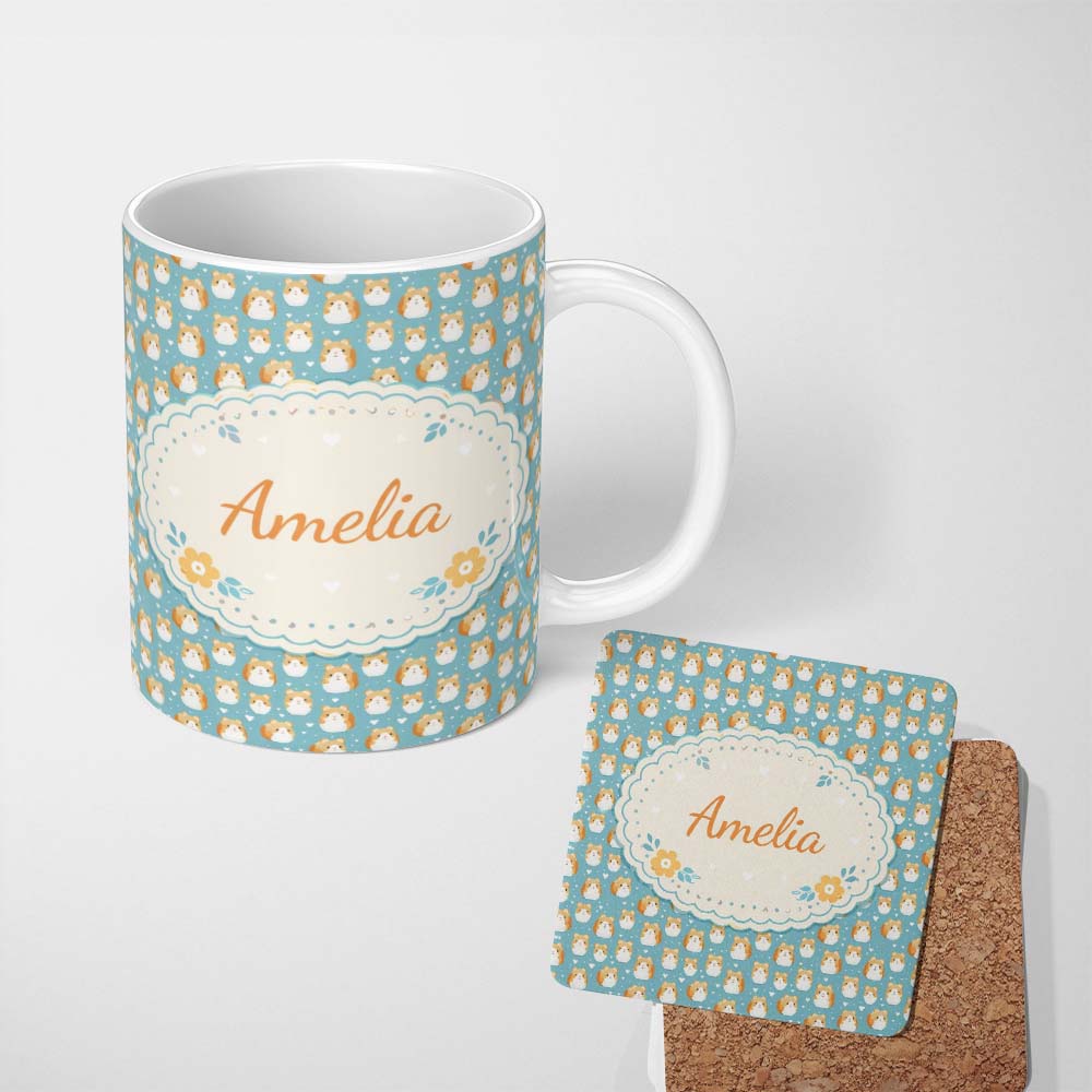 Personalized Custom Name Cute Hamster Cartoon Blue Heart Pattern Seamless Cute Unique Gift 11oz Ceramic Coffee Tea Mug White Large Handle