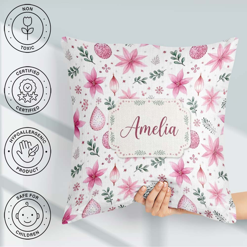 Custom Name Soft Pink Floral Christmas Elements Seamless Pattern Square Filled Cushion Throw Pillow Sofa Bed Home Decor Zip Washable UK Made