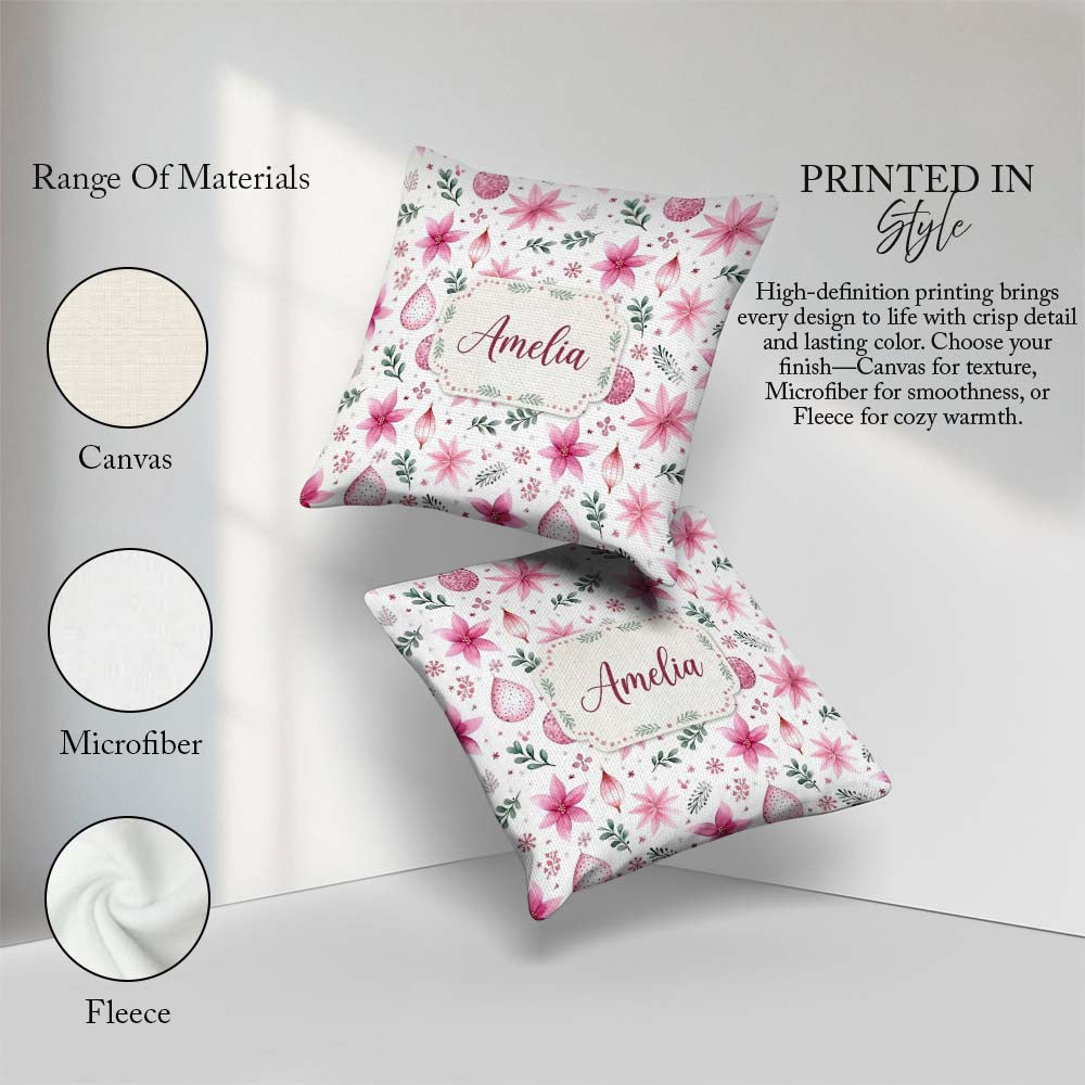 Custom Name Soft Pink Floral Christmas Elements Seamless Pattern Square Filled Cushion Throw Pillow Sofa Bed Home Decor Zip Washable UK Made