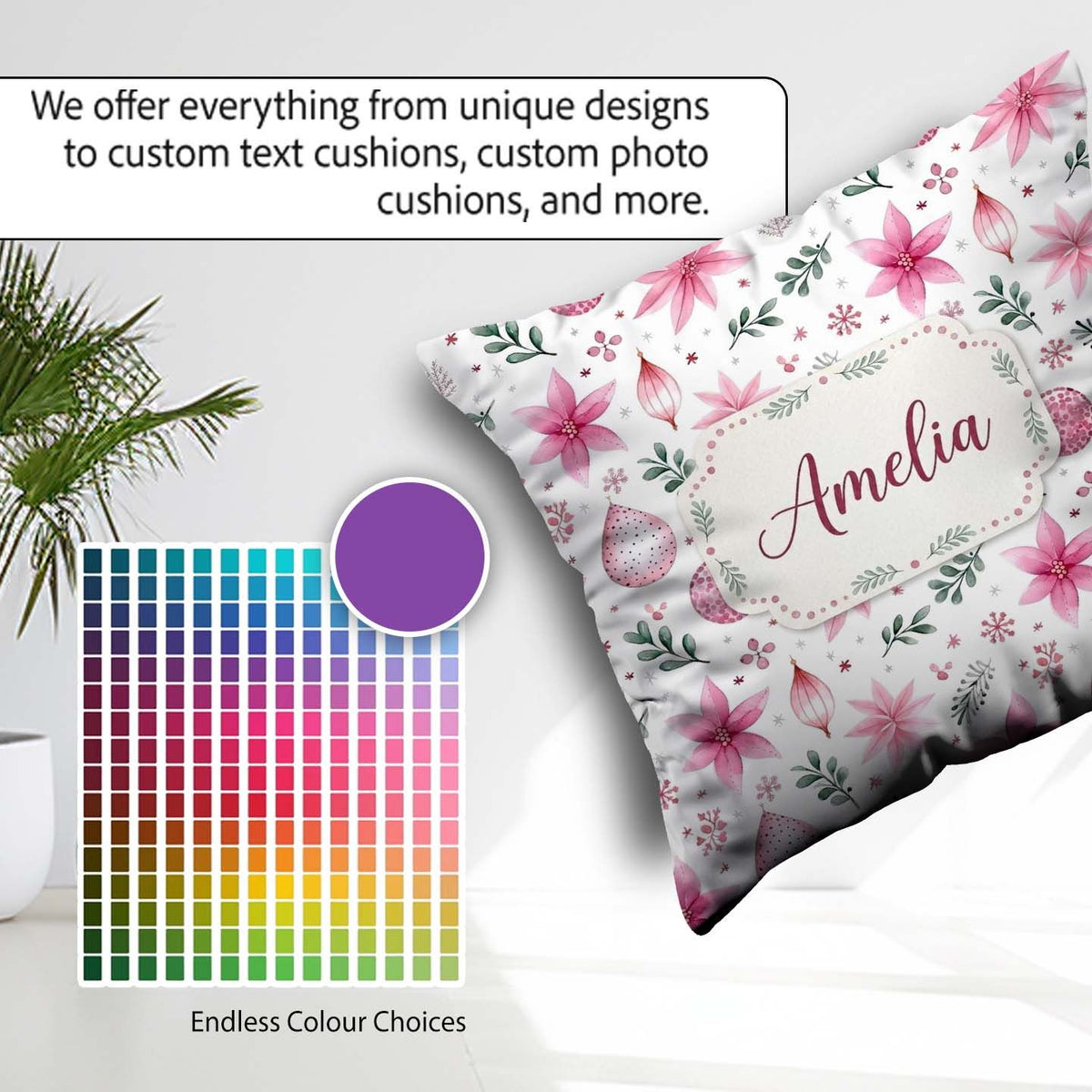 Custom Name Soft Pink Floral Christmas Elements Seamless Pattern Square Filled Cushion Throw Pillow Sofa Bed Home Decor Zip Washable UK Made