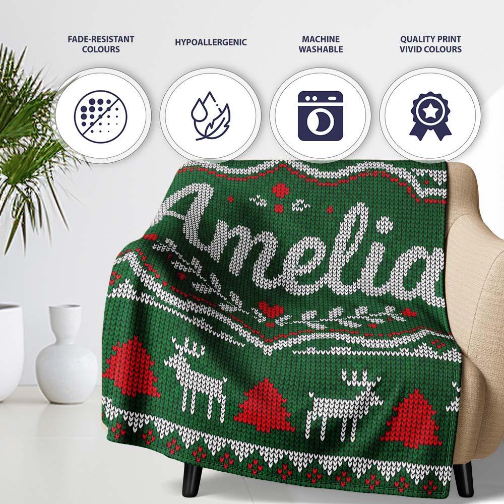 Green Knitted Christmas Reindeer Fair Isle Seamless Pattern Lovely Personalised Custom Name Super Soft Fleece Blanket Bed Sofa Throw