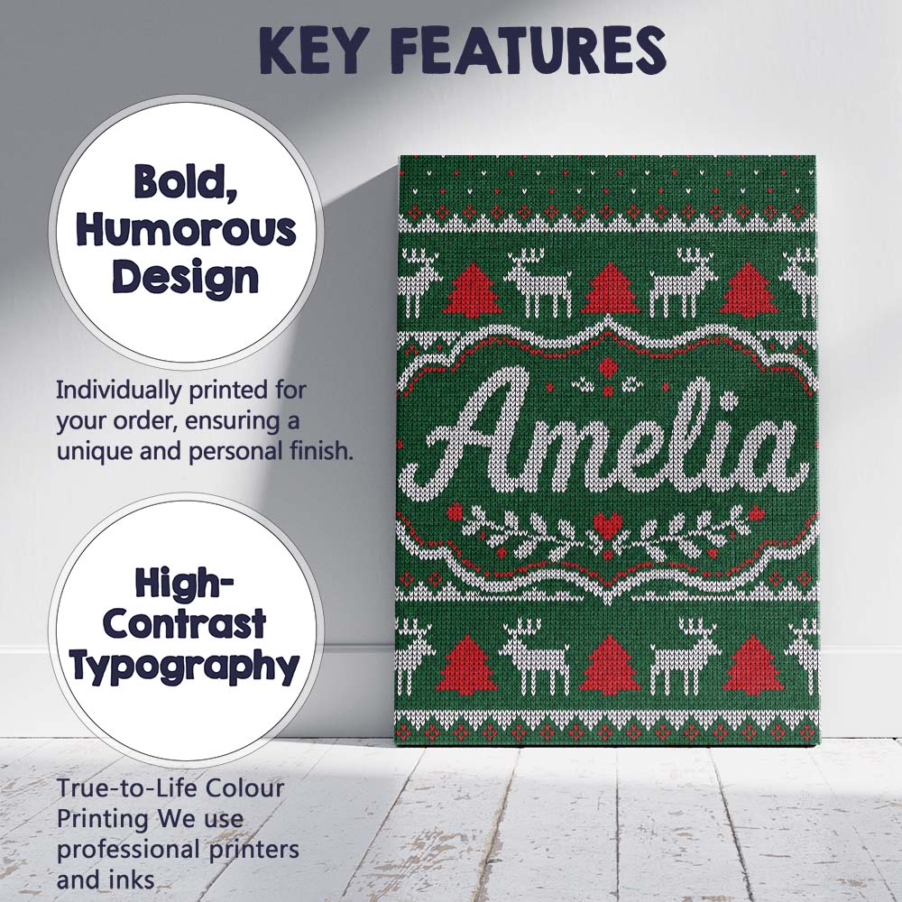 Personalised Name Green Knitted Christmas Custom Unique Gift Idea Elegant Feature Canvas Wall Art Print Decor Picture Ready to Hang