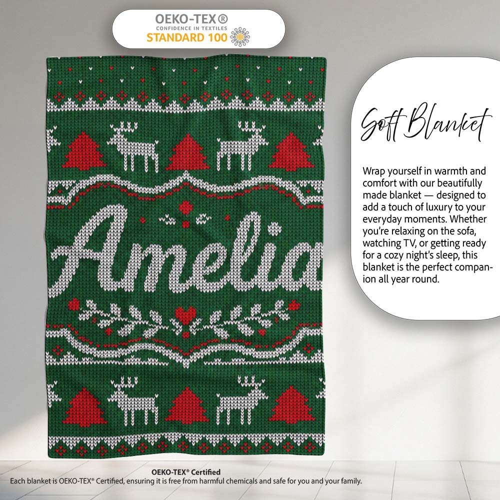 Green Knitted Christmas Reindeer Fair Isle Seamless Pattern Lovely Personalised Custom Name Super Soft Fleece Blanket Bed Sofa Throw