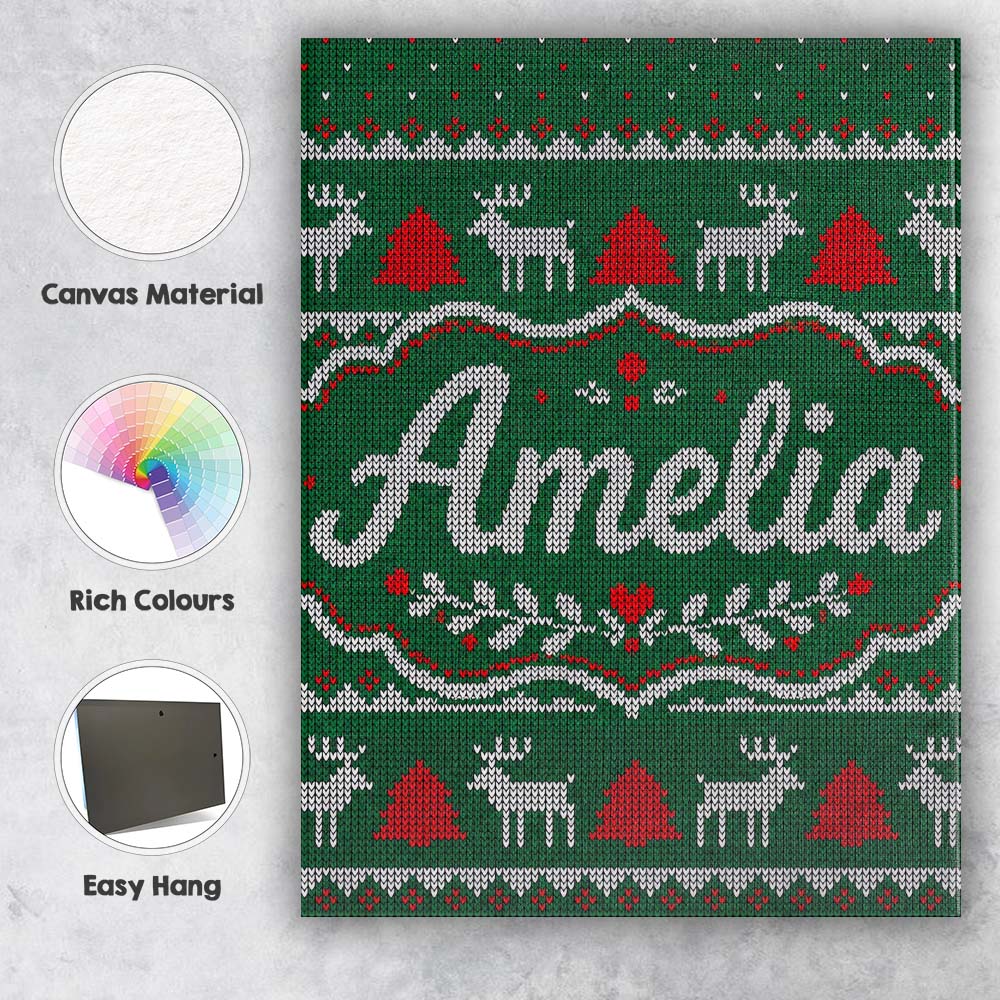 Personalised Name Green Knitted Christmas Custom Unique Gift Idea Elegant Feature Canvas Wall Art Print Decor Picture Ready to Hang