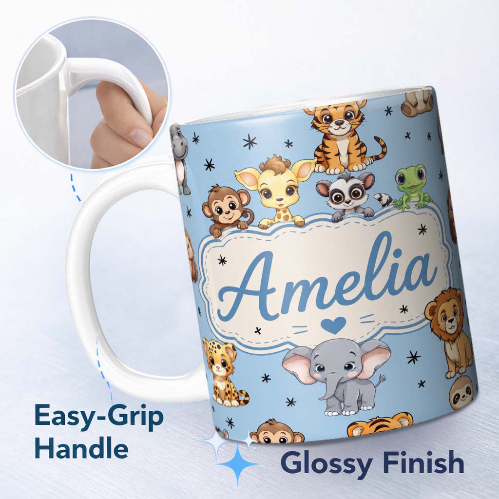 Personalized Custom Name Cute Jungle Baby Animals Lion Tiger Elephant Giraffe Sky Blue Lovely 11oz Ceramic Coffee Tea Mug White Large Handle