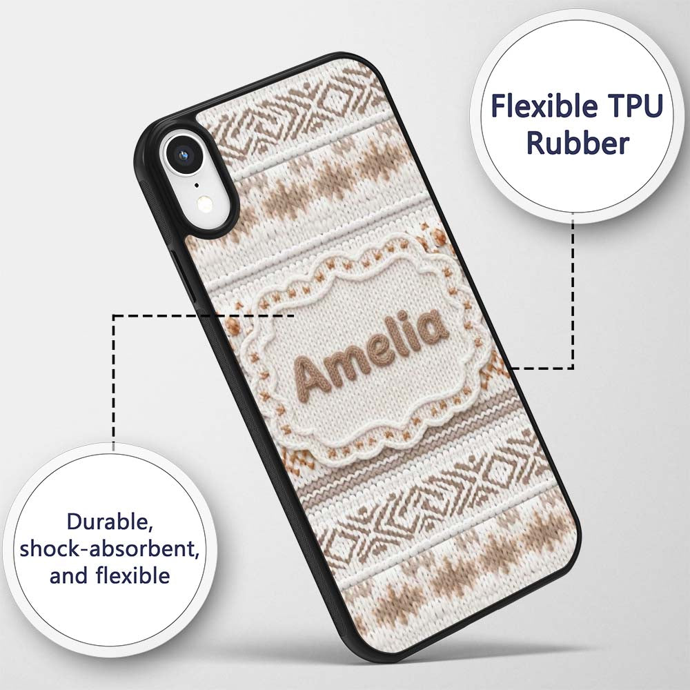 Neutral Beige Knitted Nordic Winter Fair Isle Custom Name Protective Phone Case Mobile Cover Durable Everyday Smartphone Shock Resistant