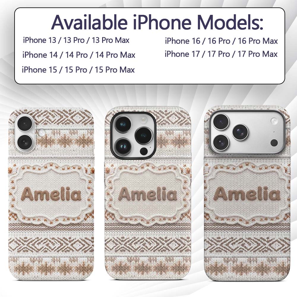 Neutral Beige Knitted Nordic Winter Fair Isle Custom Name Protective Phone Case Mobile Cover Durable Everyday Smartphone Shock Resistant