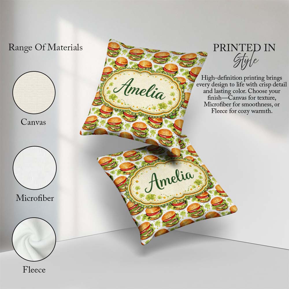 Custom Name Watercolor Fresh Burger Seamless Pattern White Food Square Filled Cushion Throw Pillow Sofa Bed Home Decor Zip Washable UK Made