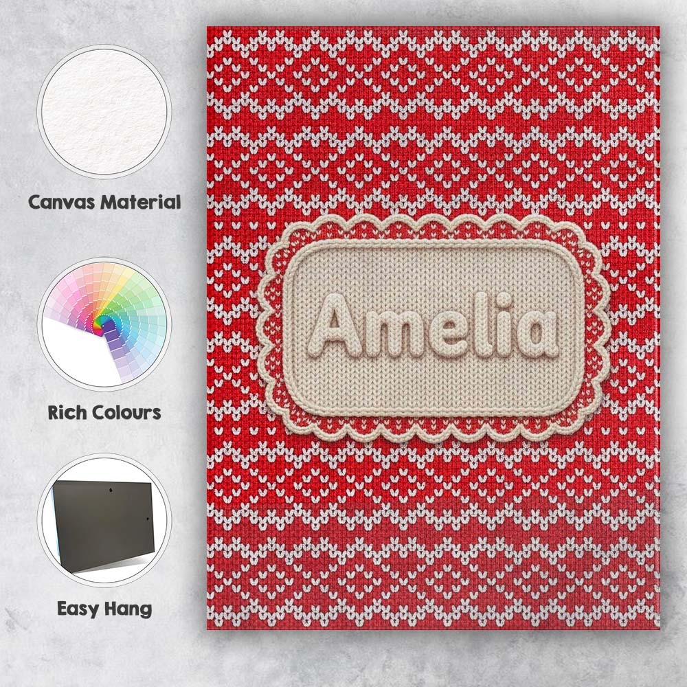 Personalised Name Classic Red Nordic Knit Custom Unique Gift Idea Elegant Feature Canvas Wall Art Print Decor Picture Ready to Hang