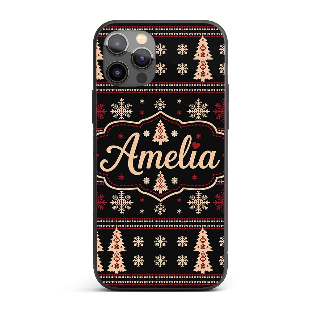 Black Red Nordic Christmas Tree Snowflake Knit Custom Name Protective Phone Case Mobile Cover Durable Everyday Smartphone Shock Resistant