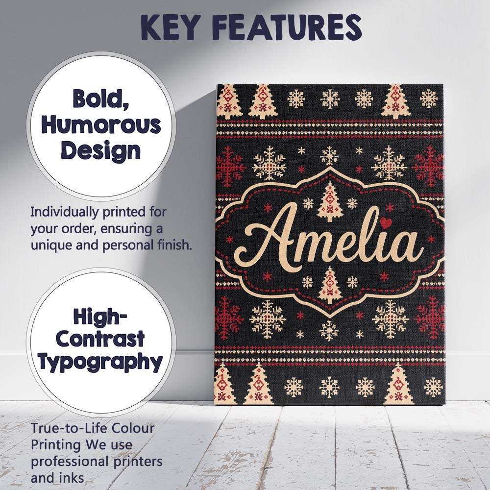 Personalised Name Black Red Nordic Christmas Custom Bespoke Contemporary Display Canvas Wall Art Print Decor Picture Ready to Hang