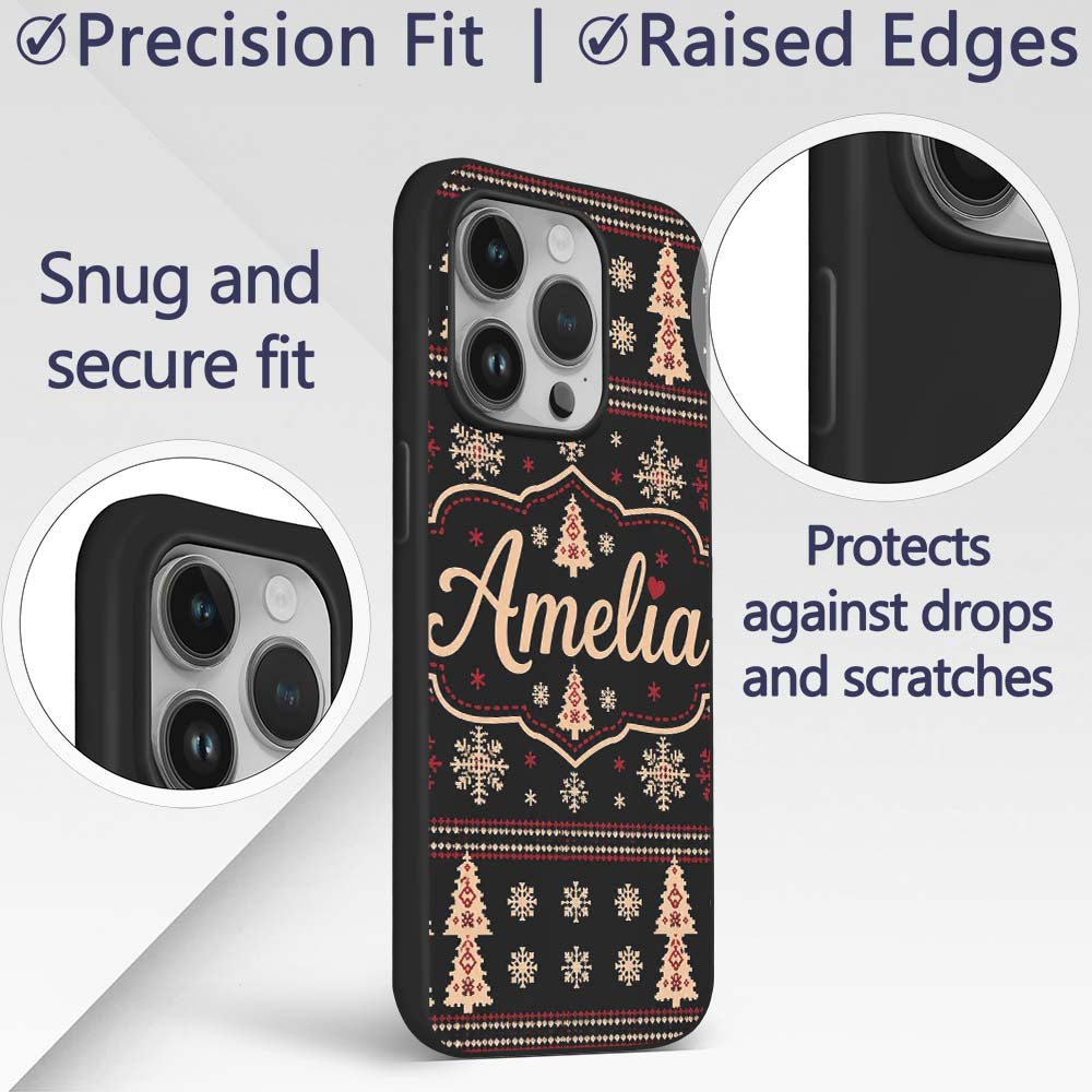 Black Red Nordic Christmas Tree Snowflake Knit Custom Name Protective Phone Case Mobile Cover Durable Everyday Smartphone Shock Resistant