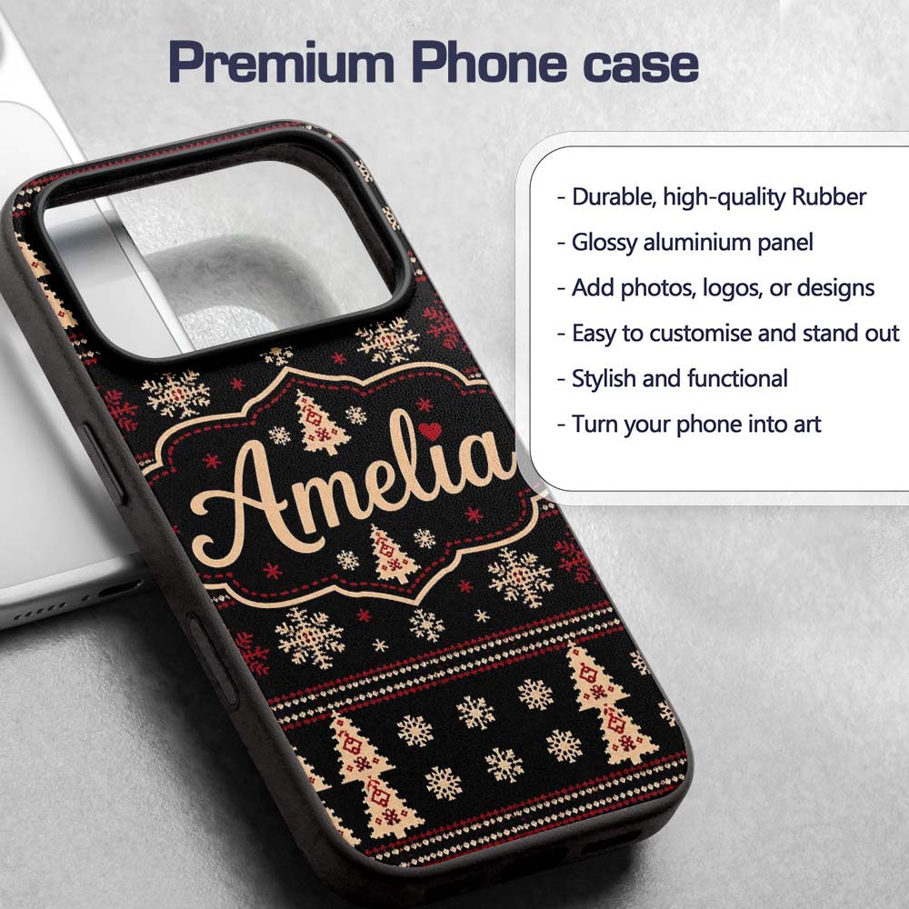Black Red Nordic Christmas Tree Snowflake Knit Custom Name Protective Phone Case Mobile Cover Durable Everyday Smartphone Shock Resistant