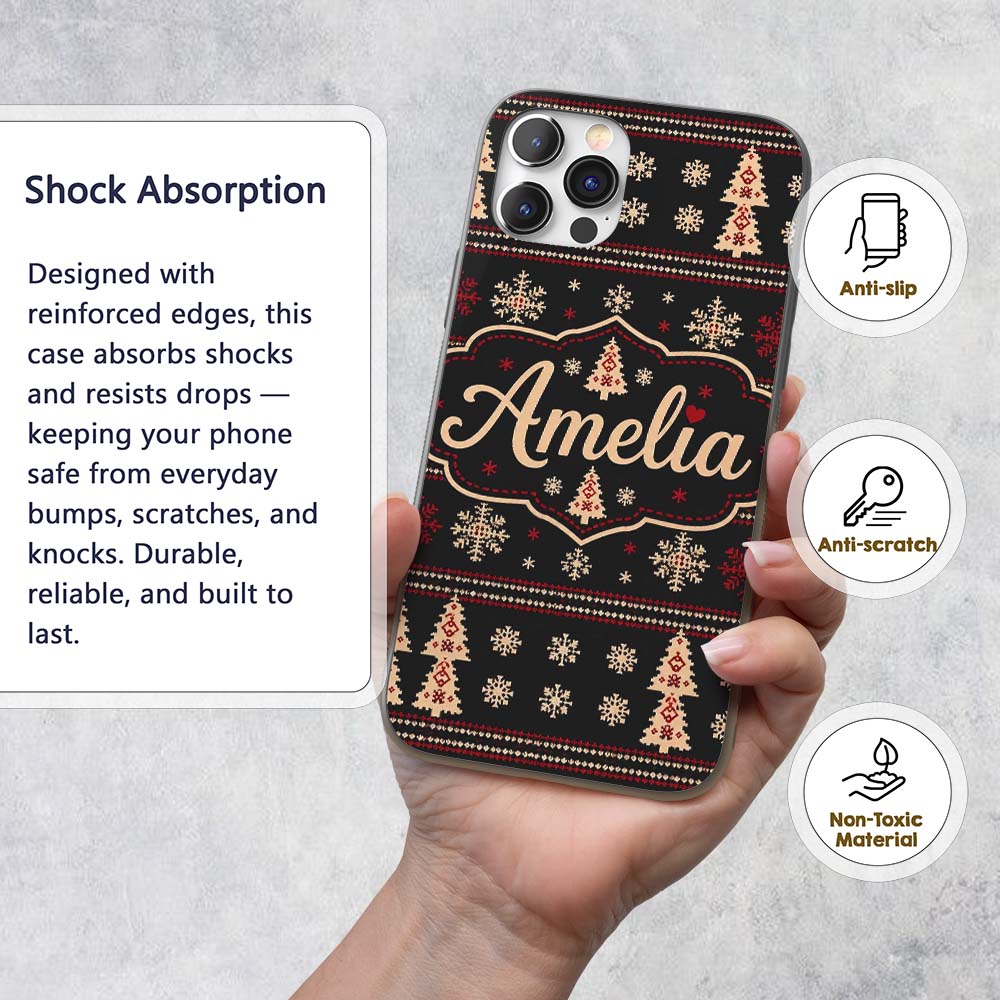 Black Red Nordic Christmas Tree Snowflake Knit Custom Name Protective Phone Case Mobile Cover Durable Everyday Smartphone Shock Resistant