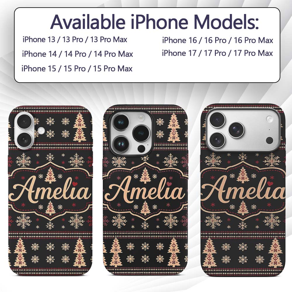 Black Red Nordic Christmas Tree Snowflake Knit Custom Name Protective Phone Case Mobile Cover Durable Everyday Smartphone Shock Resistant