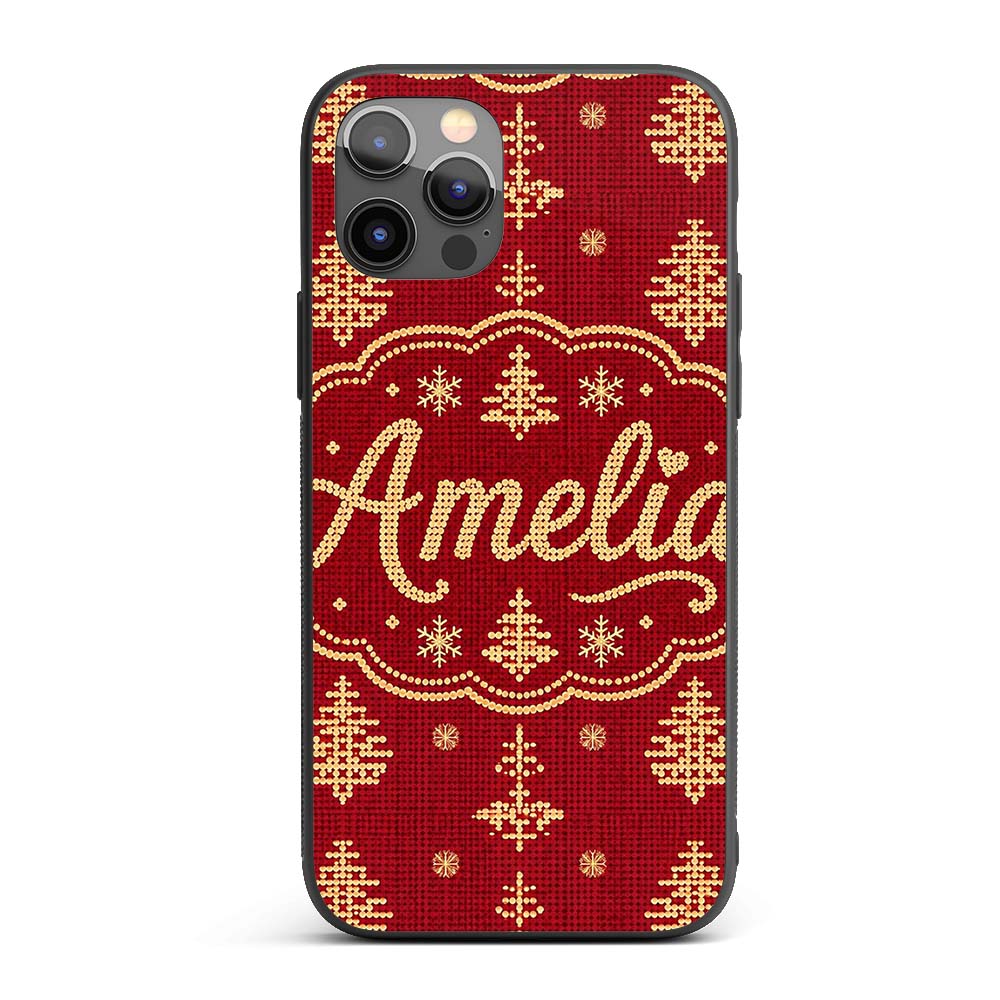 Festive Red Gold Christmas Tree Snowflake Knit Custom Name Protective Phone Case Mobile Cover Durable Everyday Smartphone Shock Resistant