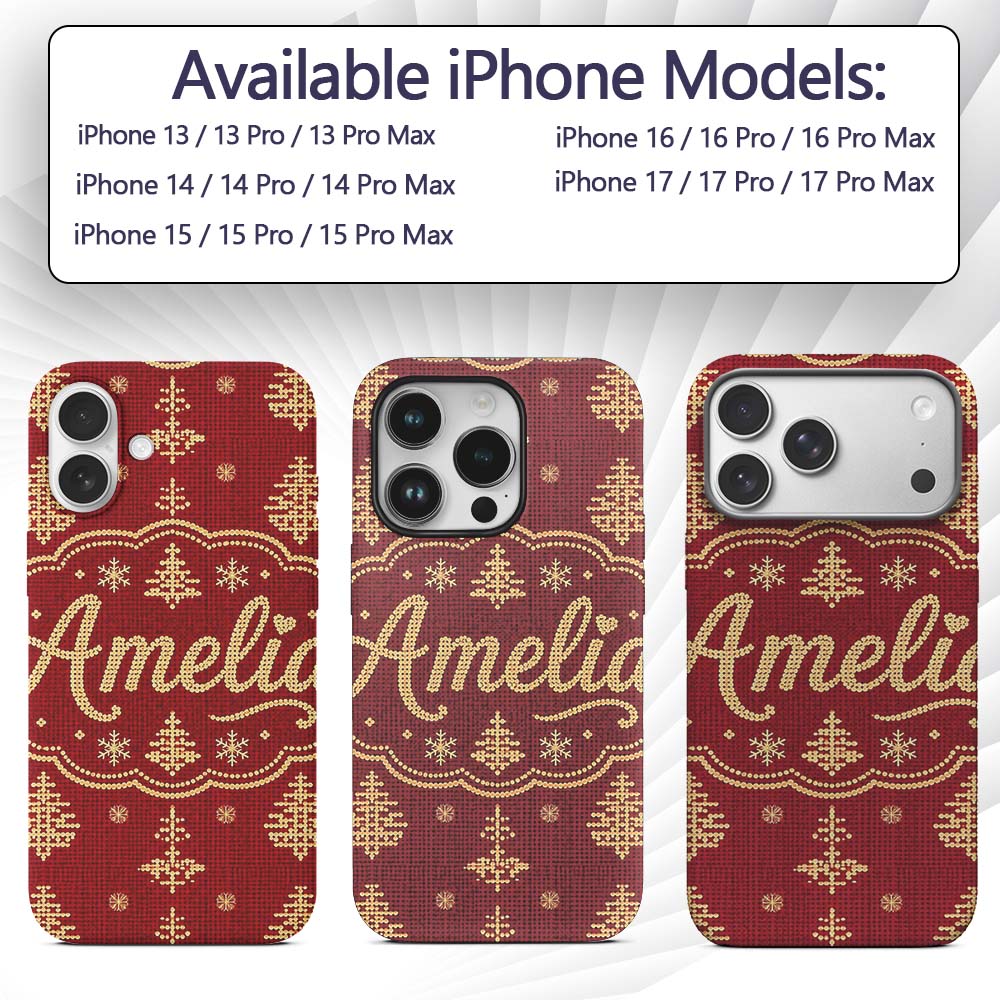 Festive Red Gold Christmas Tree Snowflake Knit Custom Name Protective Phone Case Mobile Cover Durable Everyday Smartphone Shock Resistant