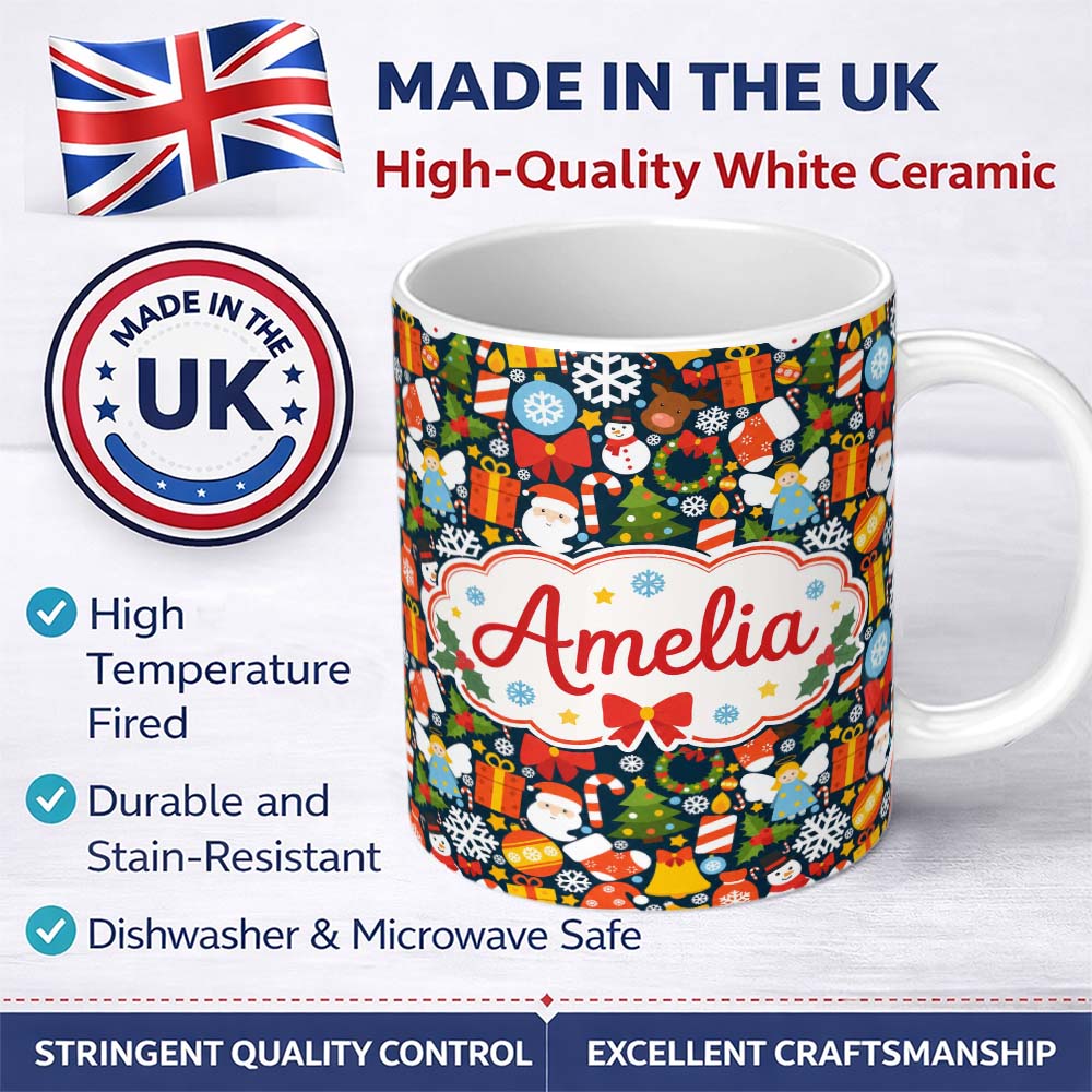 Personalized Custom Name Cute Christmas Tree Snowman Reindeer Gift Snowflake Seamless Pattern 11oz Ceramic Coffee Tea Mug White Large Handle