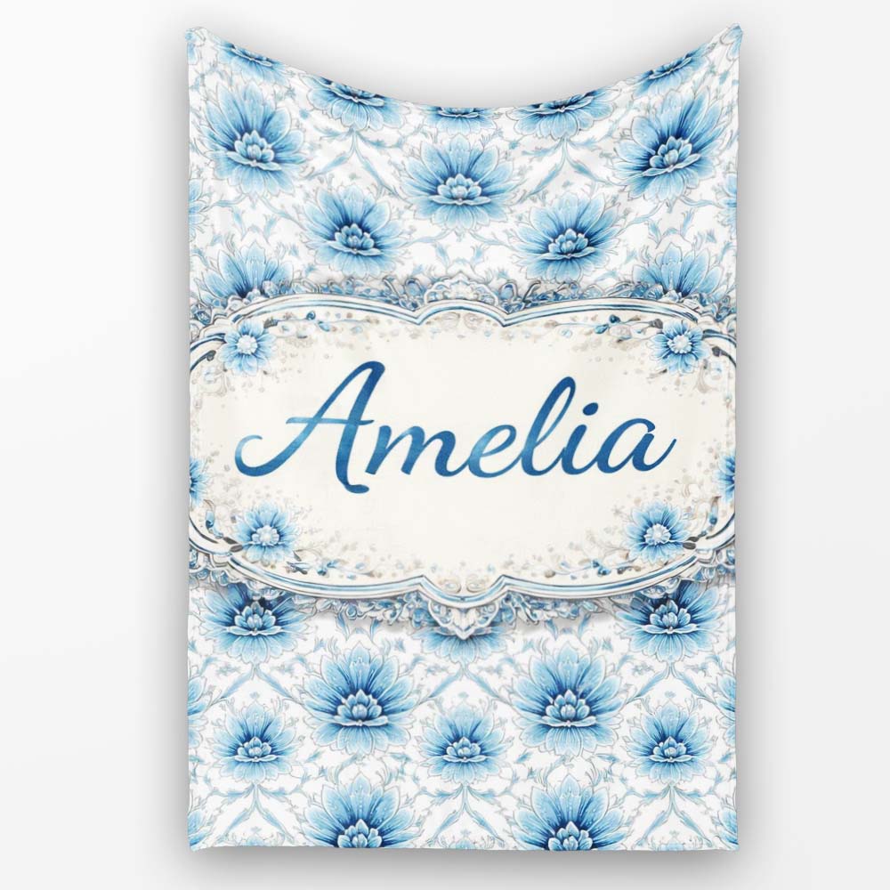 Blue Floral Vintage Seamless Pattern Elegant Botanical Design Lovely Personalised Custom Name Super Soft Fleece Blanket Bed Sofa Throw