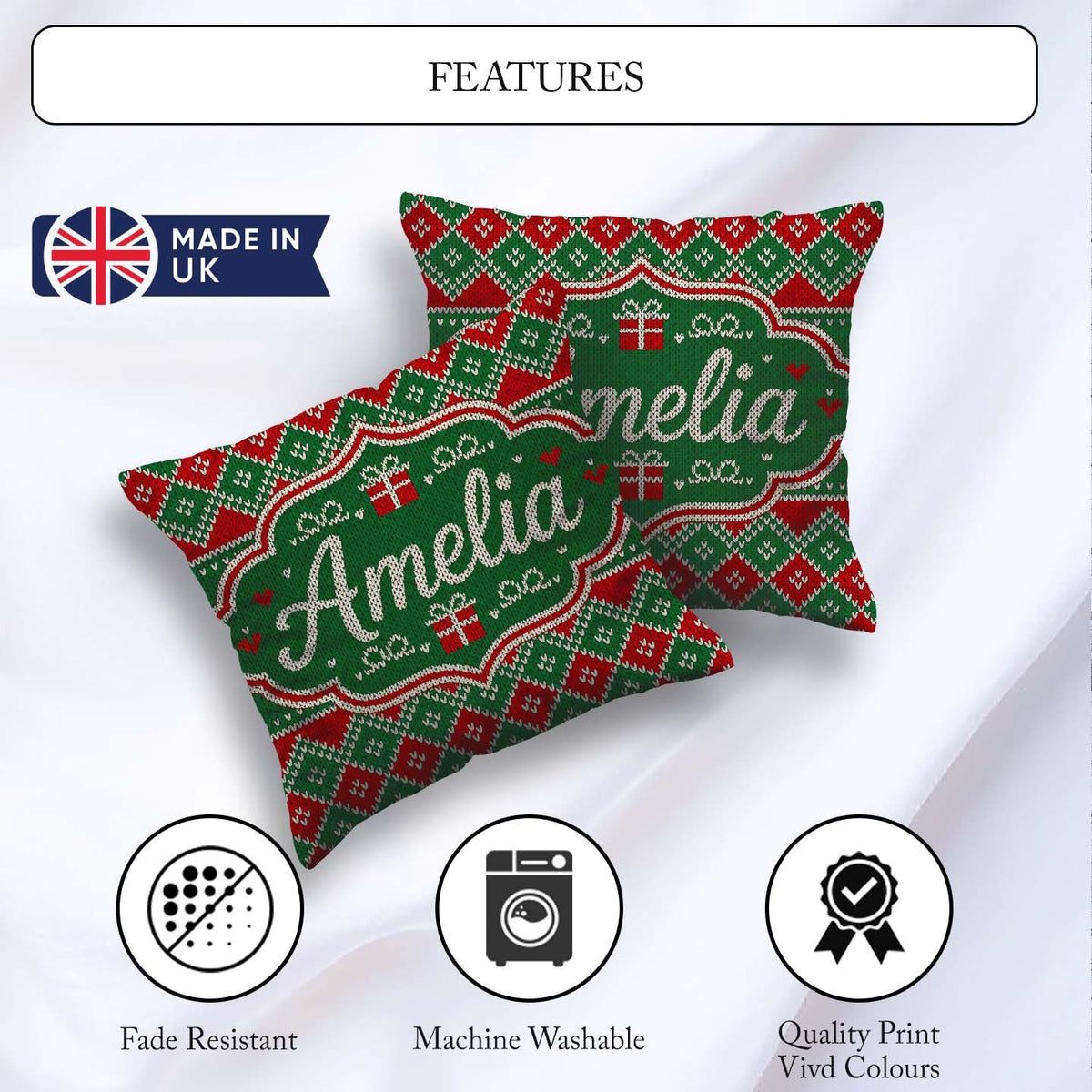 Custom Name Green Christmas Box Knitted Fair Isle Pattern Lovely Square Filled Cushion Throw Pillow Sofa Bed Home Decor Zip Washable UK Made