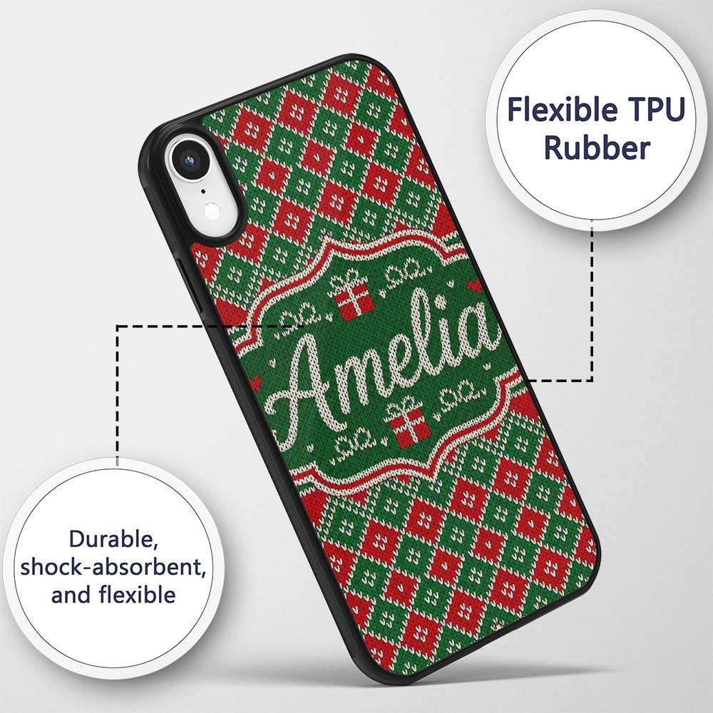 Green Christmas Gift Box Knitted Printed Design Custom Name Protective Phone Case Mobile Cover Durable Everyday Smartphone Shock Resistant