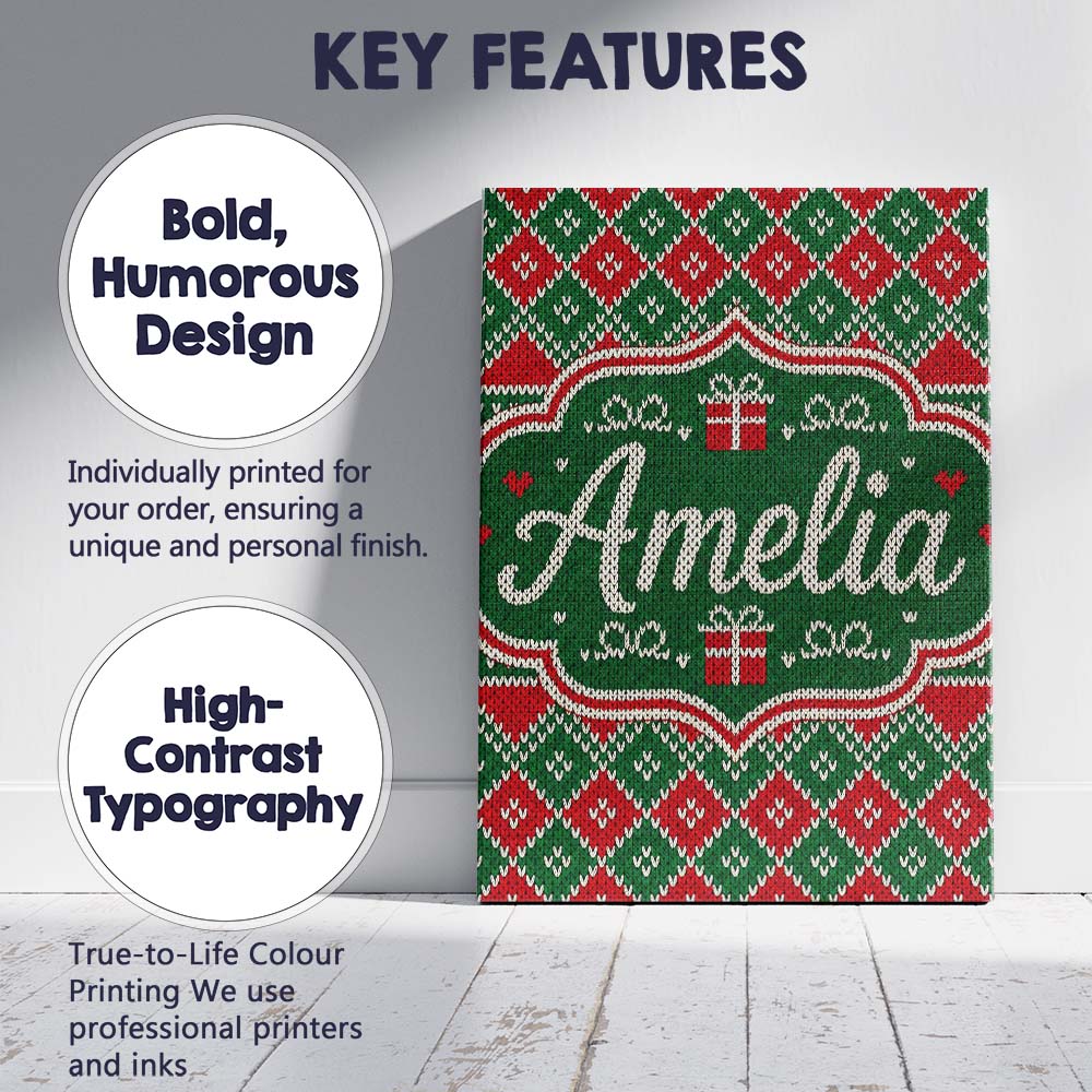 Personalised Name Green Christmas Gift Box Custom Bespoke Contemporary Statement Canvas Wall Art Print Decor Picture Ready to Hang
