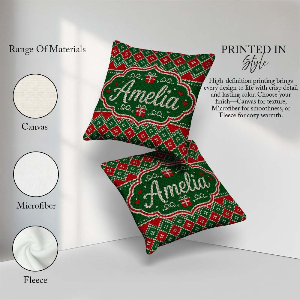 Custom Name Green Christmas Box Knitted Fair Isle Pattern Lovely Square Filled Cushion Throw Pillow Sofa Bed Home Decor Zip Washable UK Made
