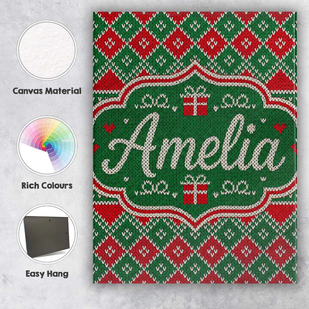 Personalised Name Green Christmas Gift Box Custom Bespoke Contemporary Statement Canvas Wall Art Print Decor Picture Ready to Hang