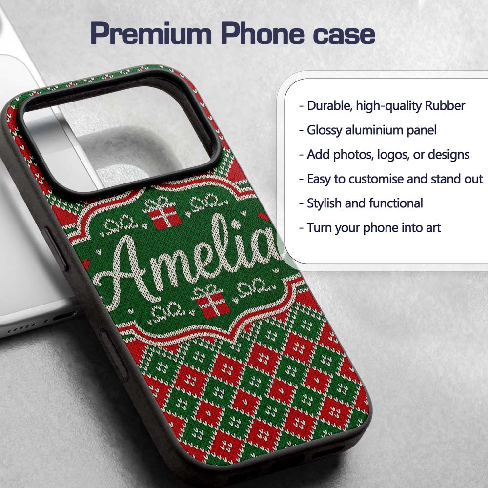 Green Christmas Gift Box Knitted Printed Design Custom Name Protective Phone Case Mobile Cover Durable Everyday Smartphone Shock Resistant