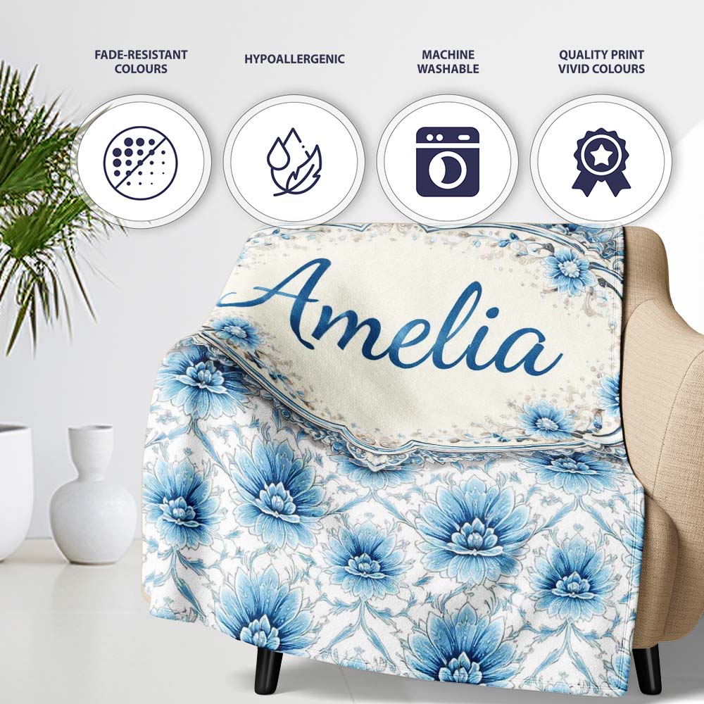 Blue Floral Vintage Seamless Pattern Elegant Botanical Design Lovely Personalised Custom Name Super Soft Fleece Blanket Bed Sofa Throw