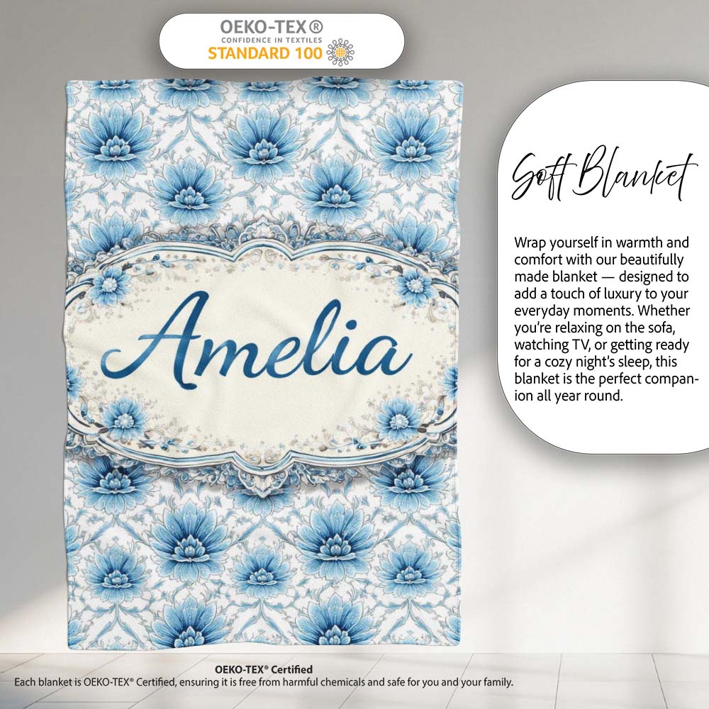 Blue Floral Vintage Seamless Pattern Elegant Botanical Design Lovely Personalised Custom Name Super Soft Fleece Blanket Bed Sofa Throw