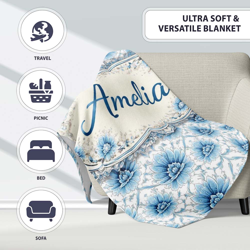 Blue Floral Vintage Seamless Pattern Elegant Botanical Design Lovely Personalised Custom Name Super Soft Fleece Blanket Bed Sofa Throw