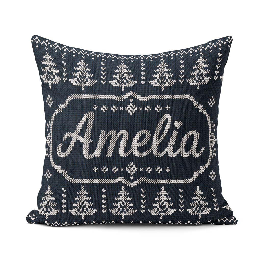 Custom Name Navy Blue Tree Heart Knitted Seamless Pattern Lovely Square Filled Cushion Throw Pillow Sofa Bed Home Decor Zip Washable UK Made