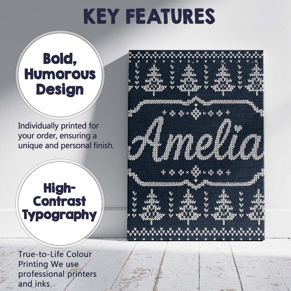 Personalised Name Navy Blue Christmas Tree Custom Unique Gift Idea Elegant Feature Canvas Wall Art Print Decor Picture Ready to Hang